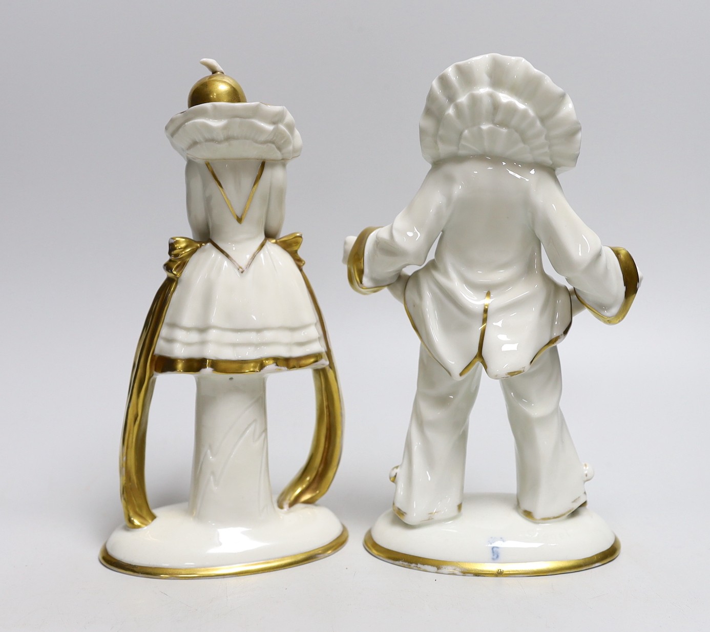 A pair of Sitzendorf Art Deco Pierrot figures, tallest 23cms high